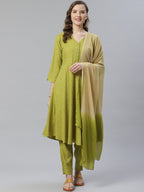 Jompers Women Green & Beige Self Design Kurta with Trousers & Dupatta | Grocsy