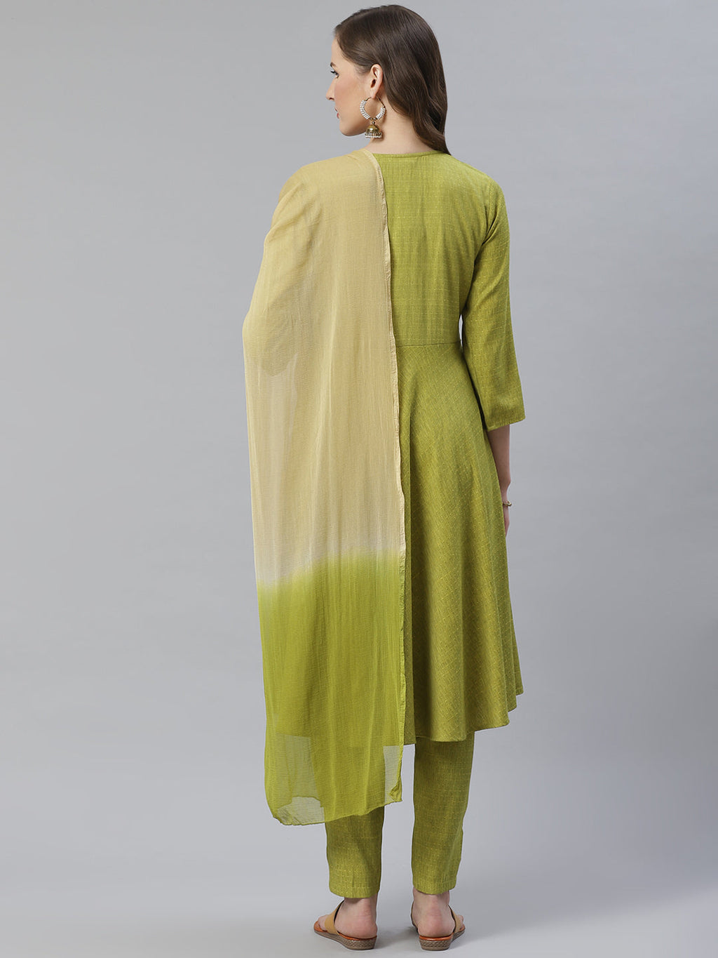 Jompers Women Green & Beige Self Design Kurta with Trousers & Dupatta | Grocsy