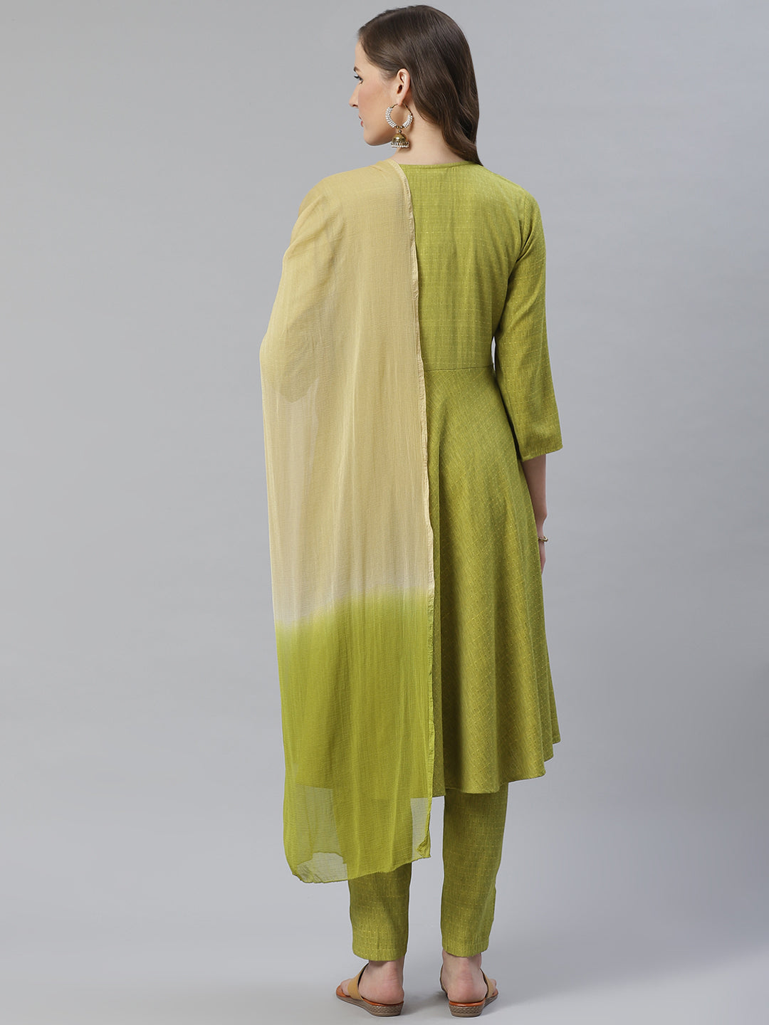 Jompers Women Green & Beige Self Design Kurta with Trousers & Dupatta | Grocsy