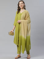 Jompers Women Green & Beige Self Design Kurta with Trousers & Dupatta | Grocsy