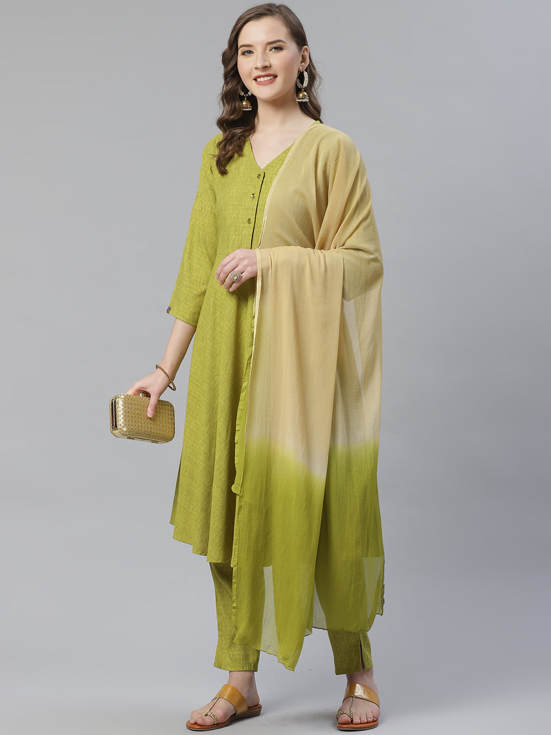 Jompers Women Green & Beige Self Design Kurta with Trousers & Dupatta | Grocsy