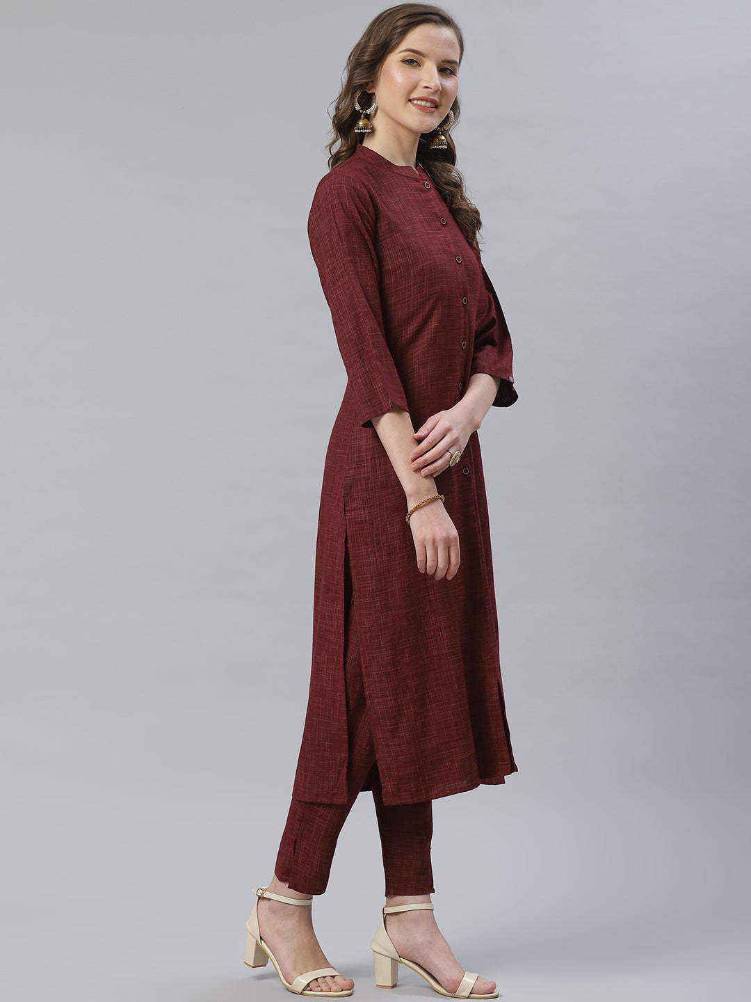 Jompers Women Burgundy & Beige Self Checked Kurta with Trousers & Dupatta | Grocsy