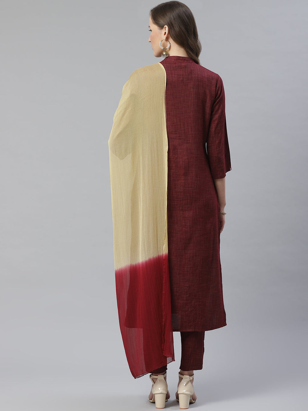 Jompers Women Burgundy & Beige Self Checked Kurta with Trousers & Dupatta | Grocsy