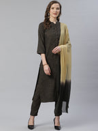 Jompers Women Charcoal Grey & Beige Self Checked Kurta with Trousers & Dupatta (Olive) | Grocsy