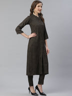 Jompers Women Charcoal Grey & Beige Self Checked Kurta with Trousers & Dupatta (Olive) | Grocsy