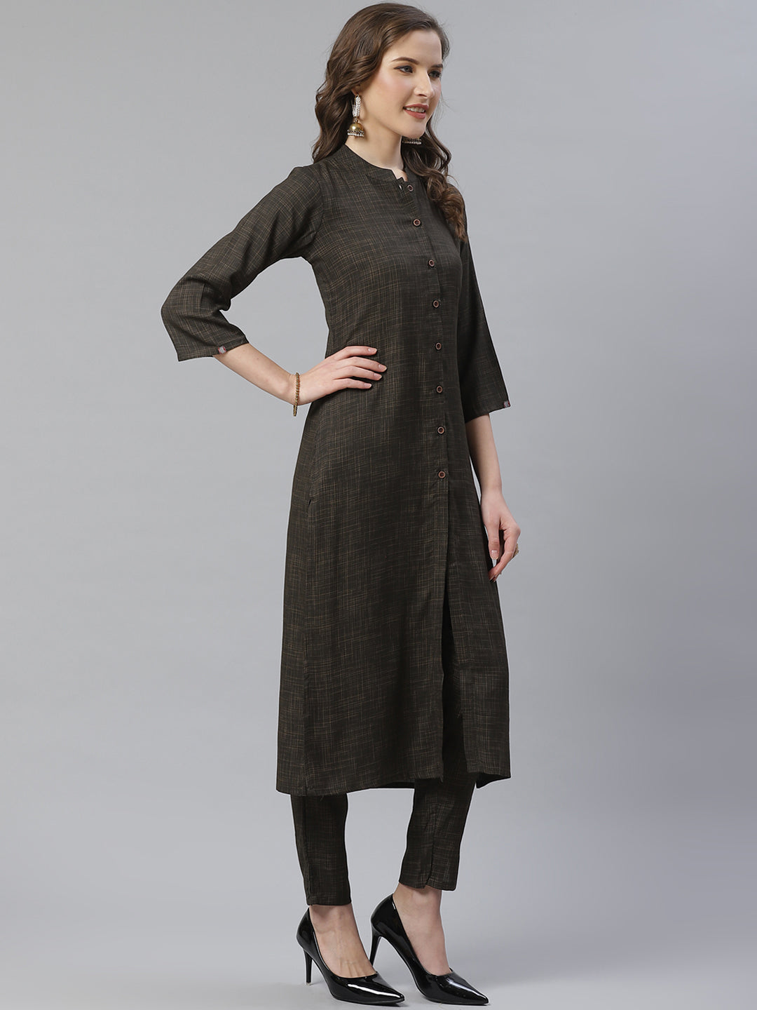 Jompers Women Charcoal Grey & Beige Self Checked Kurta with Trousers & Dupatta (Olive) | Grocsy