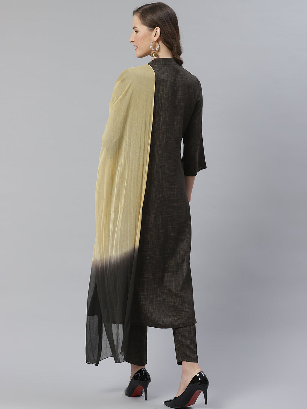 Jompers Women Charcoal Grey & Beige Self Checked Kurta with Trousers & Dupatta (Olive) | Grocsy