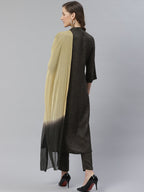 Jompers Women Charcoal Grey & Beige Self Checked Kurta with Trousers & Dupatta (Olive) | Grocsy