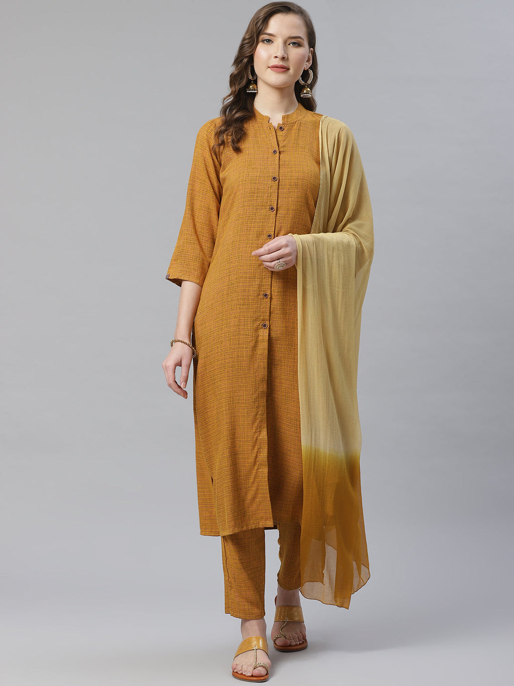 Jompers Women Mustard & Beige Self Checked Kurta with Trousers & Dupatta | Grocsy