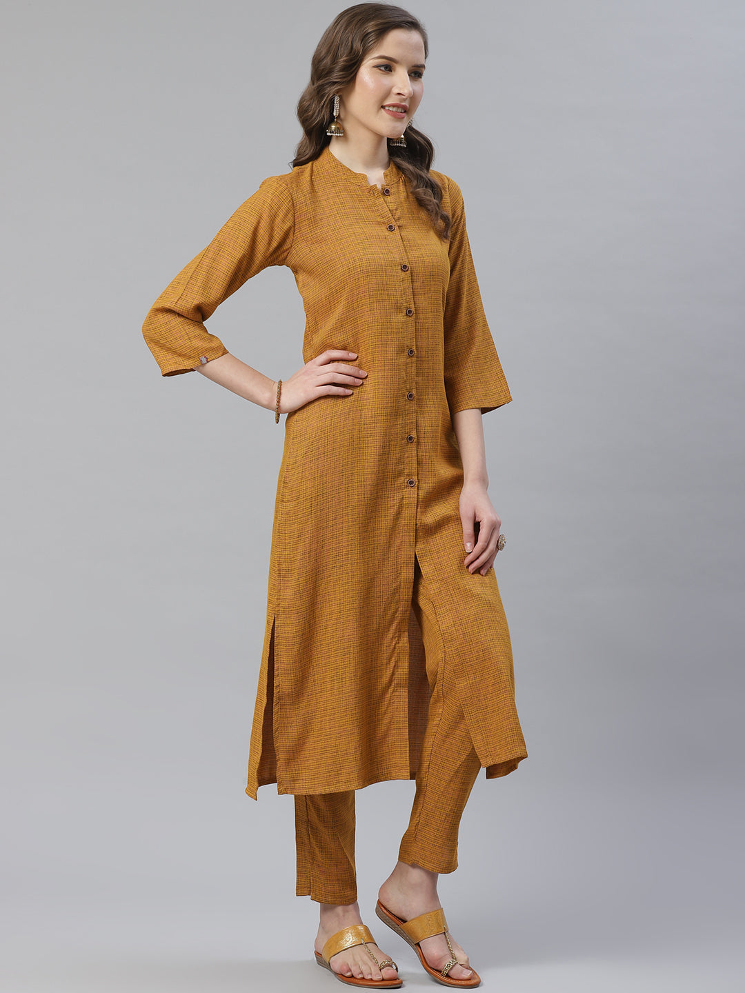 Jompers Women Mustard & Beige Self Checked Kurta with Trousers & Dupatta | Grocsy