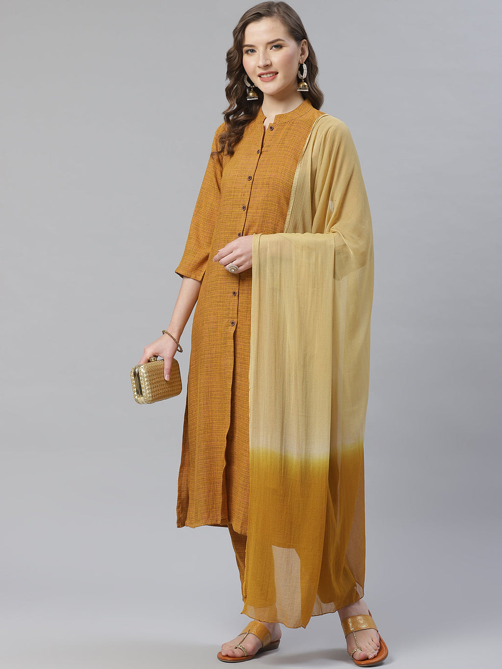 Jompers Women Mustard & Beige Self Checked Kurta with Trousers & Dupatta | Grocsy