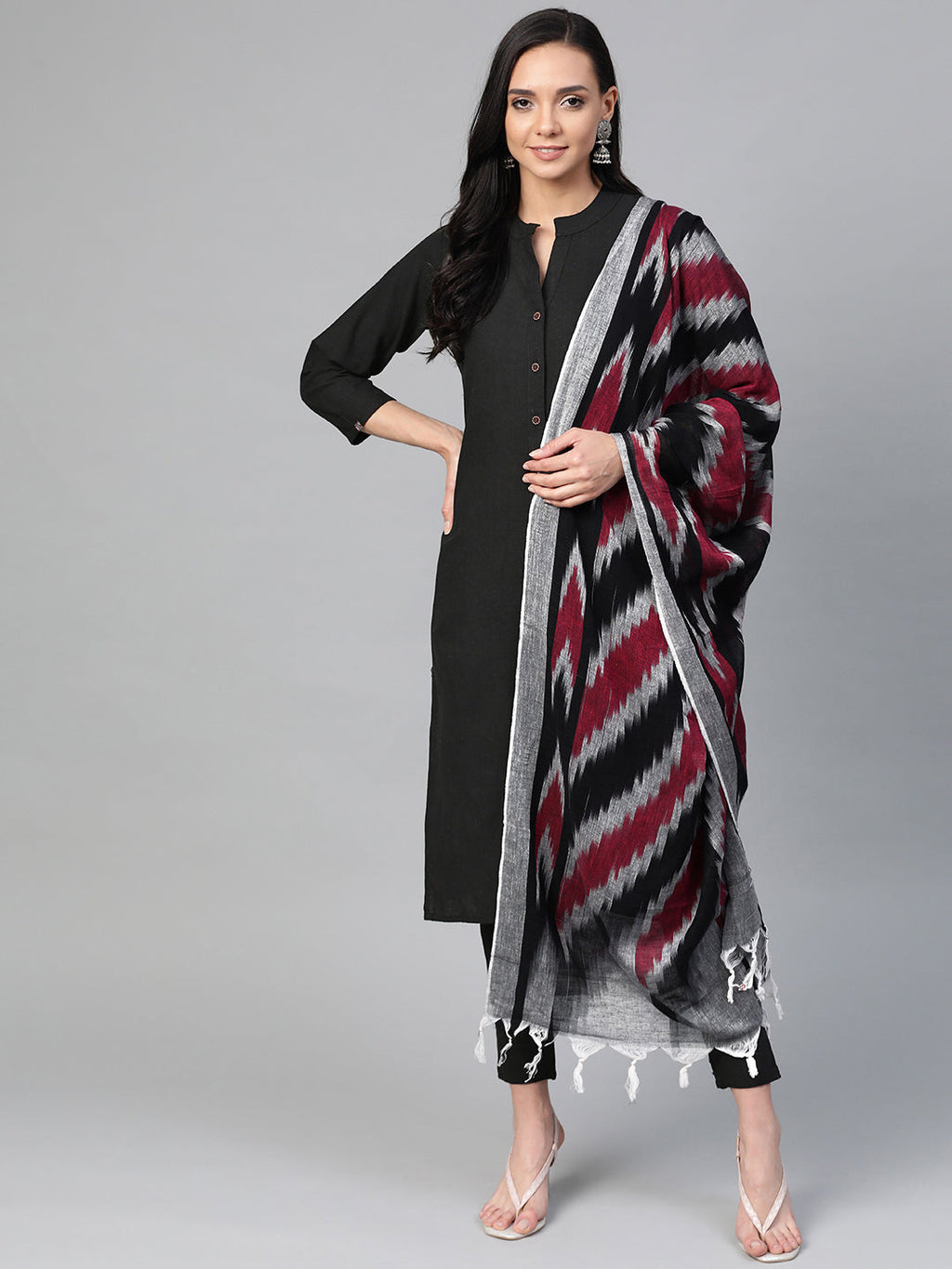 Jompers Women Black & Grey Solid Kurta with Trousers & Dupatta | Grocsy