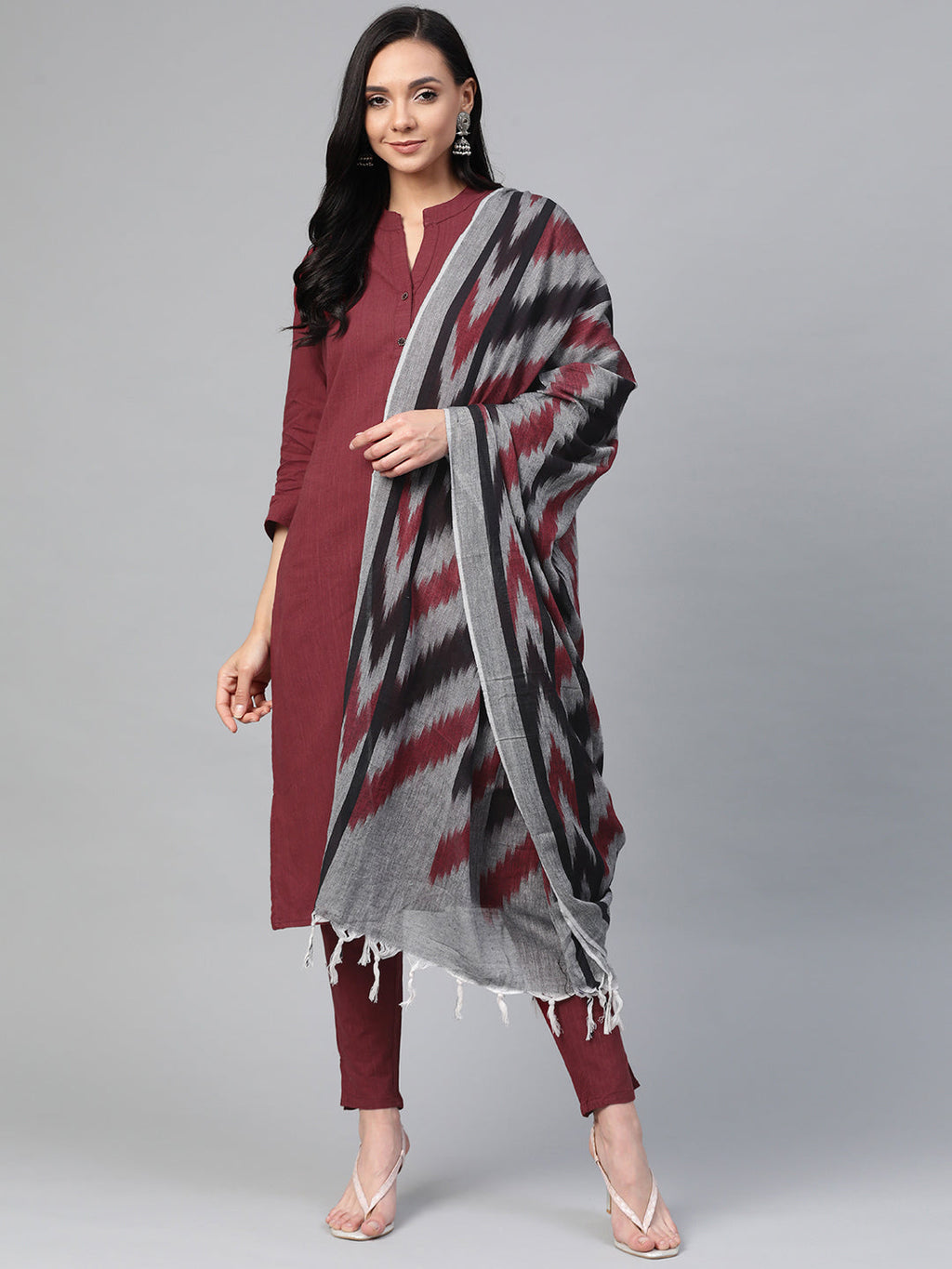 Jompers Women Maroon & Grey Solid Kurta with Trousers & Dupatta | Grocsy