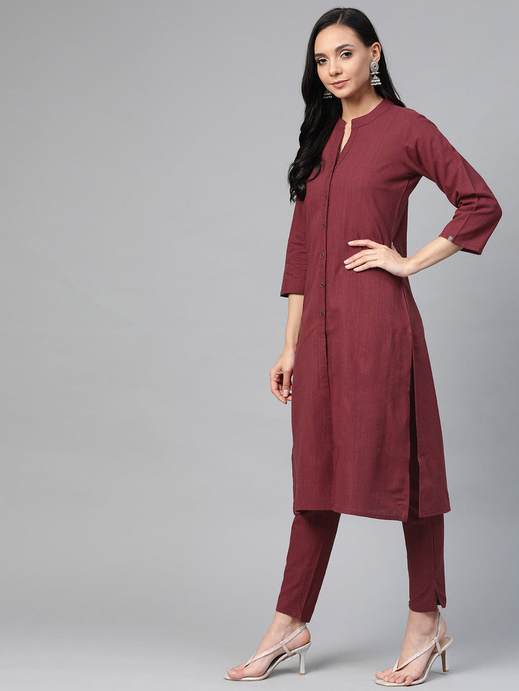 Jompers Women Maroon & Grey Solid Kurta with Trousers & Dupatta | Grocsy