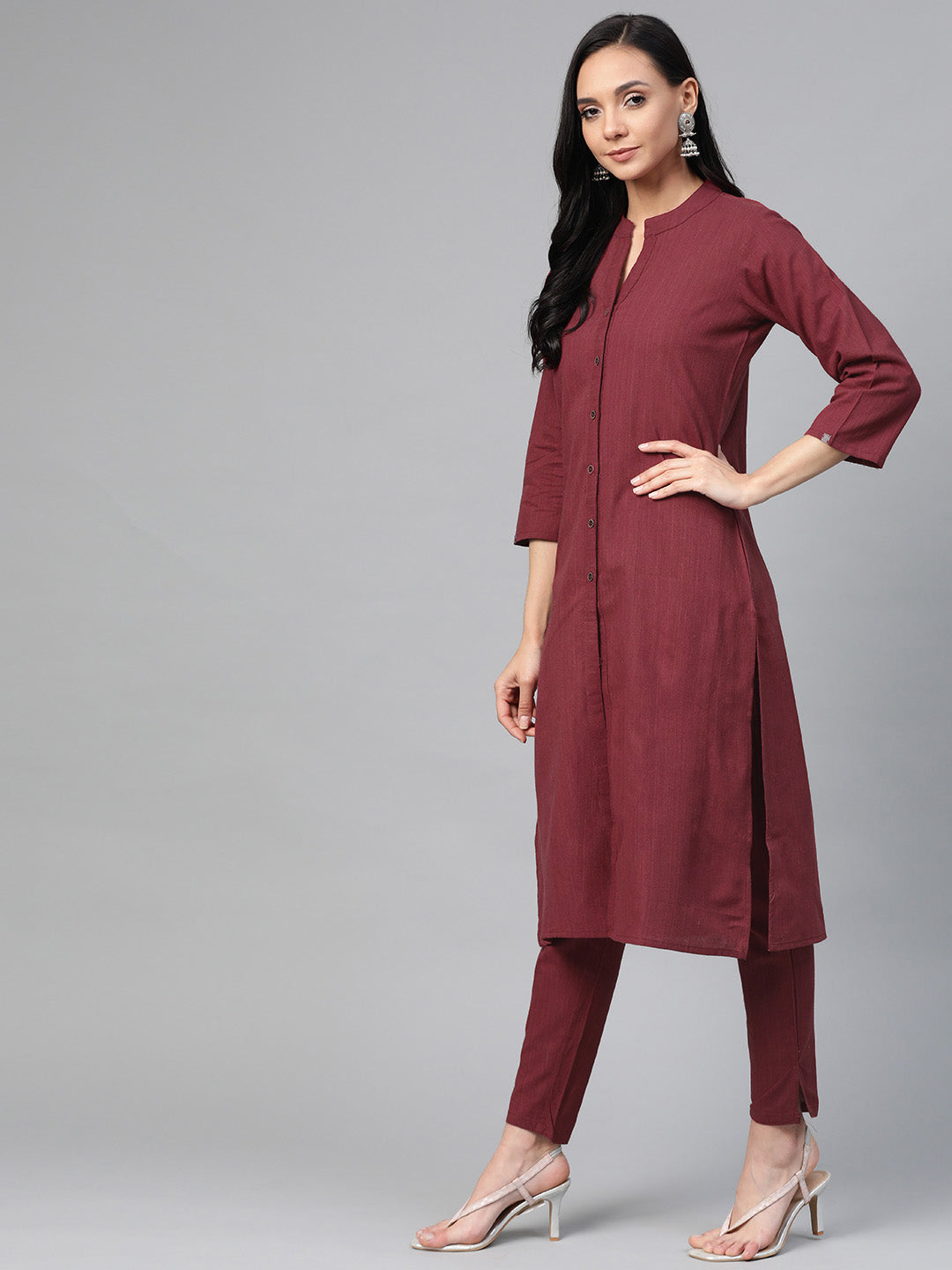 Jompers Women Maroon & Grey Solid Kurta with Trousers & Dupatta | Grocsy