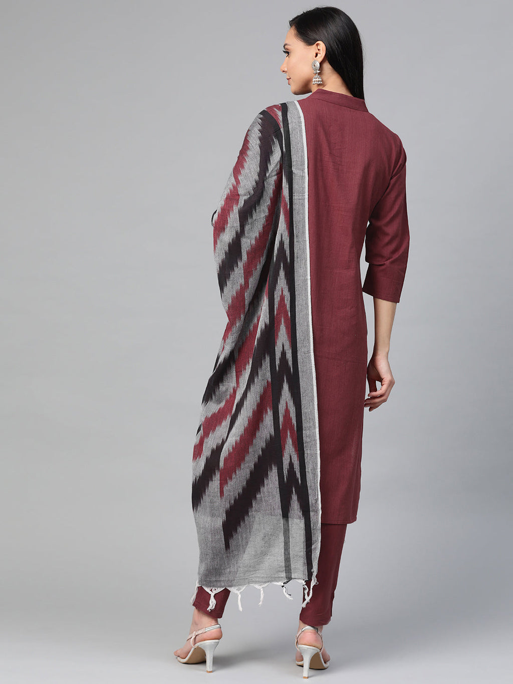 Jompers Women Maroon & Grey Solid Kurta with Trousers & Dupatta | Grocsy