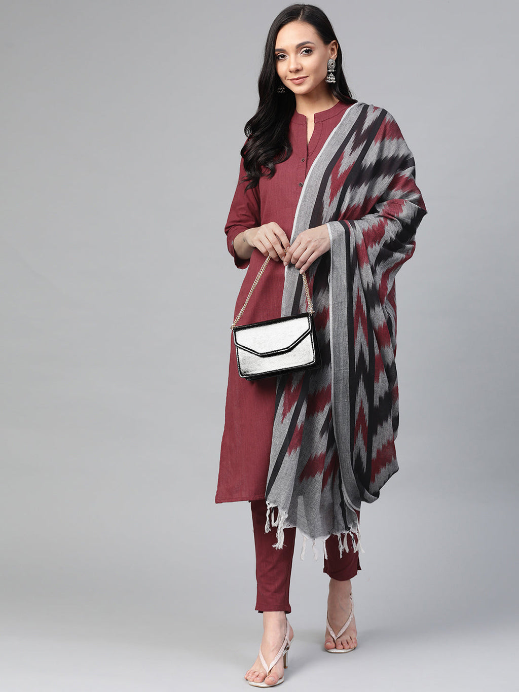 Jompers Women Maroon & Grey Solid Kurta with Trousers & Dupatta | Grocsy