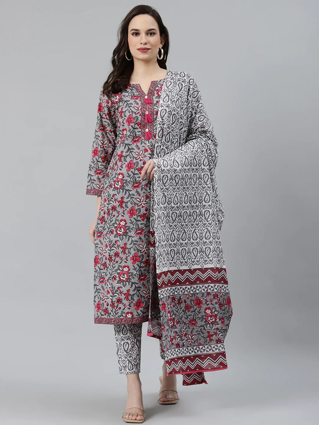 Jompers Women's Grey & Magenta Block Print Pure Cotton Kurta with Trousers & Dupatta | Grocsy