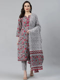 Jompers Women's Grey & Magenta Block Print Pure Cotton Kurta with Trousers & Dupatta | Grocsy