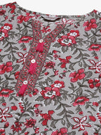 Jompers Women's Grey & Magenta Block Print Pure Cotton Kurta with Trousers & Dupatta | Grocsy