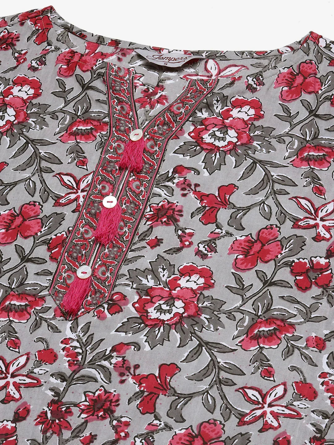 Jompers Women's Grey & Magenta Block Print Pure Cotton Kurta with Trousers & Dupatta | Grocsy