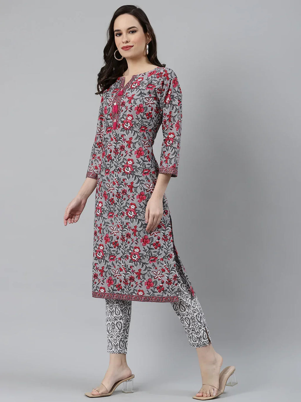 Jompers Women's Grey & Magenta Block Print Pure Cotton Kurta with Trousers & Dupatta | Grocsy