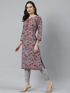 Jompers Women's Grey & Magenta Block Print Pure Cotton Kurta with Trousers & Dupatta | Grocsy