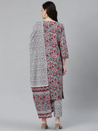Jompers Women's Grey & Magenta Block Print Pure Cotton Kurta with Trousers & Dupatta | Grocsy