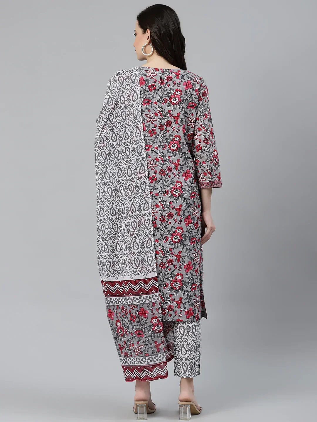 Jompers Women's Grey & Magenta Block Print Pure Cotton Kurta with Trousers & Dupatta | Grocsy