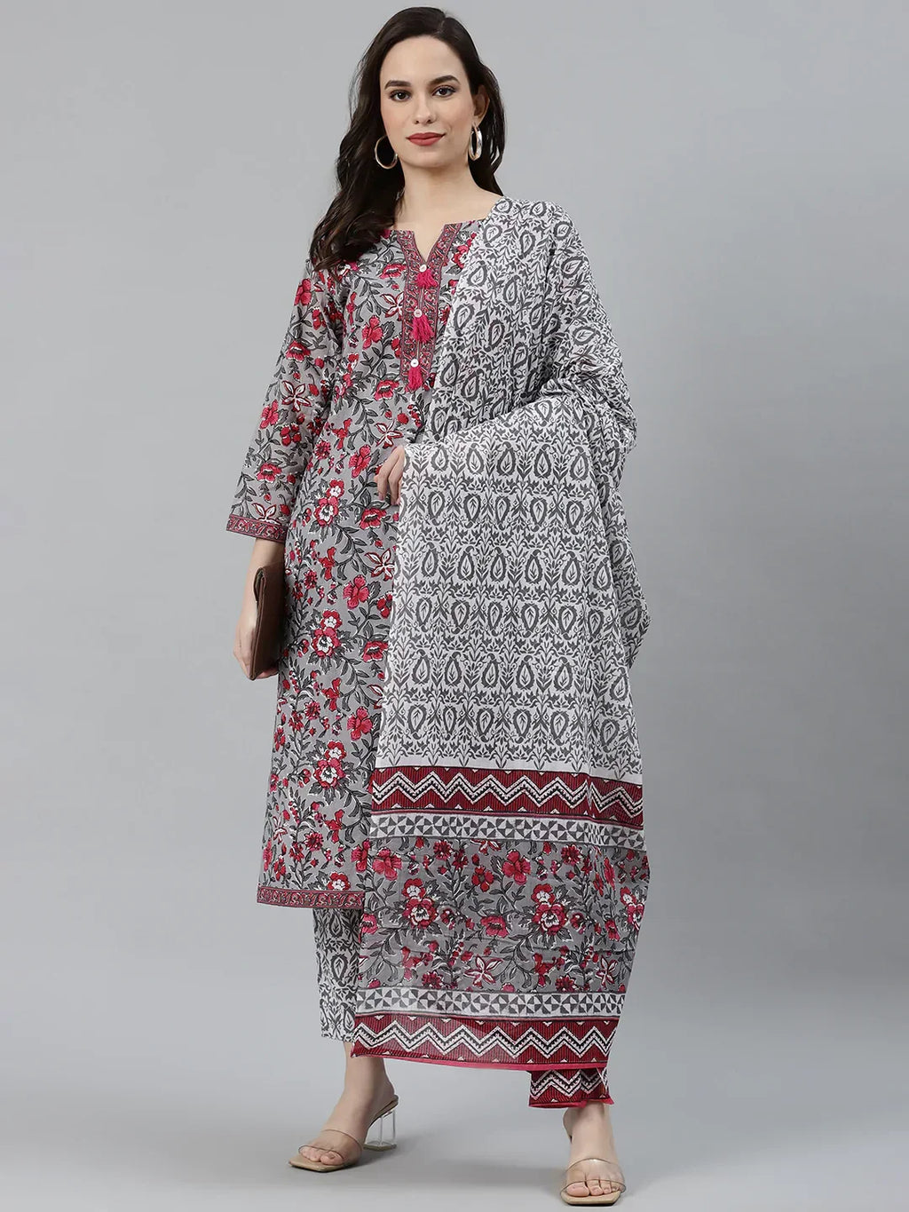 Jompers Women's Grey & Magenta Block Print Pure Cotton Kurta with Trousers & Dupatta | Grocsy