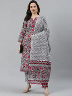 Jompers Women's Grey & Magenta Block Print Pure Cotton Kurta with Trousers & Dupatta | Grocsy