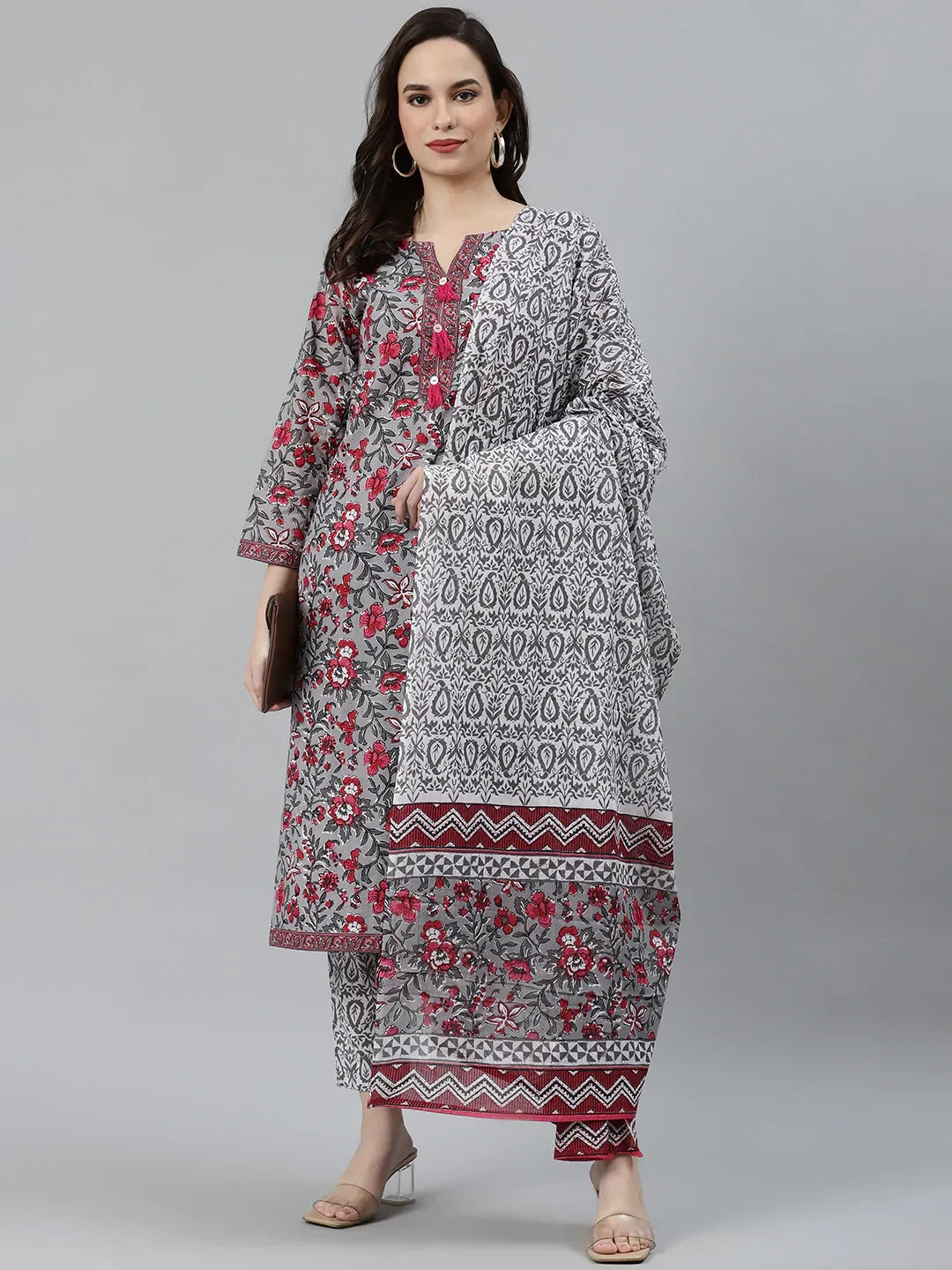 Jompers Women's Grey & Magenta Block Print Pure Cotton Kurta with Trousers & Dupatta | Grocsy