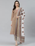 Jompers Women's Beige & Pink Block Print Pure Cotton Kurta with Trousers & Dupatta | Grocsy