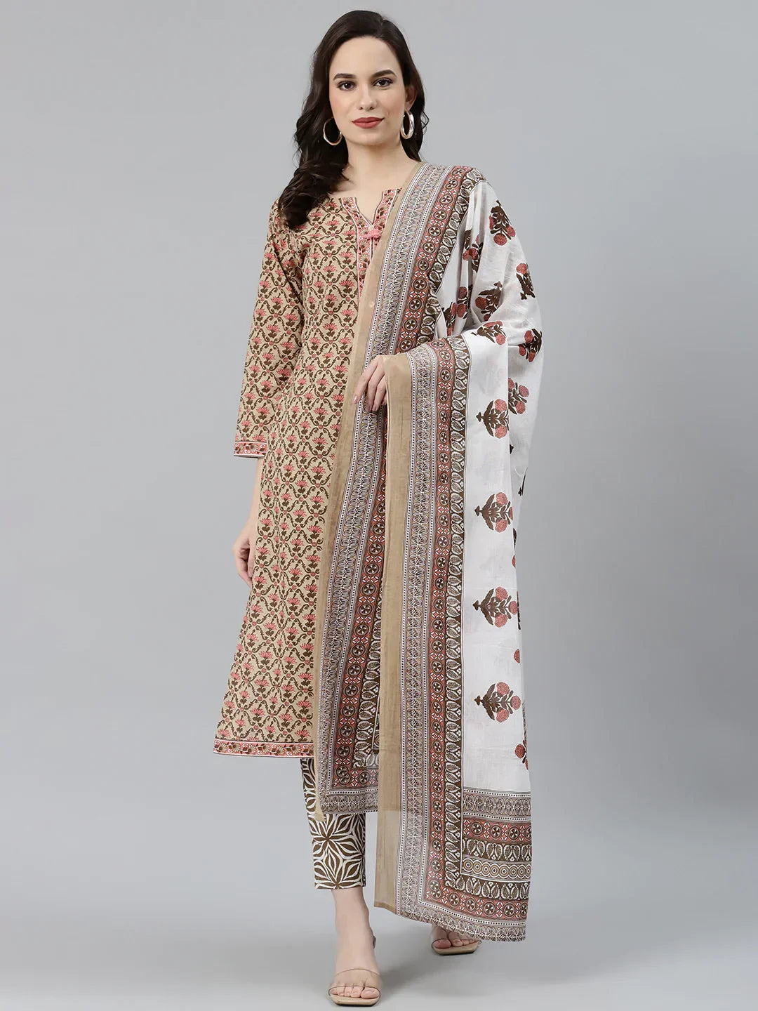 Jompers Women's Beige & Pink Block Print Pure Cotton Kurta with Trousers & Dupatta | Grocsy