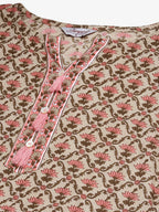 Jompers Women's Beige & Pink Block Print Pure Cotton Kurta with Trousers & Dupatta | Grocsy