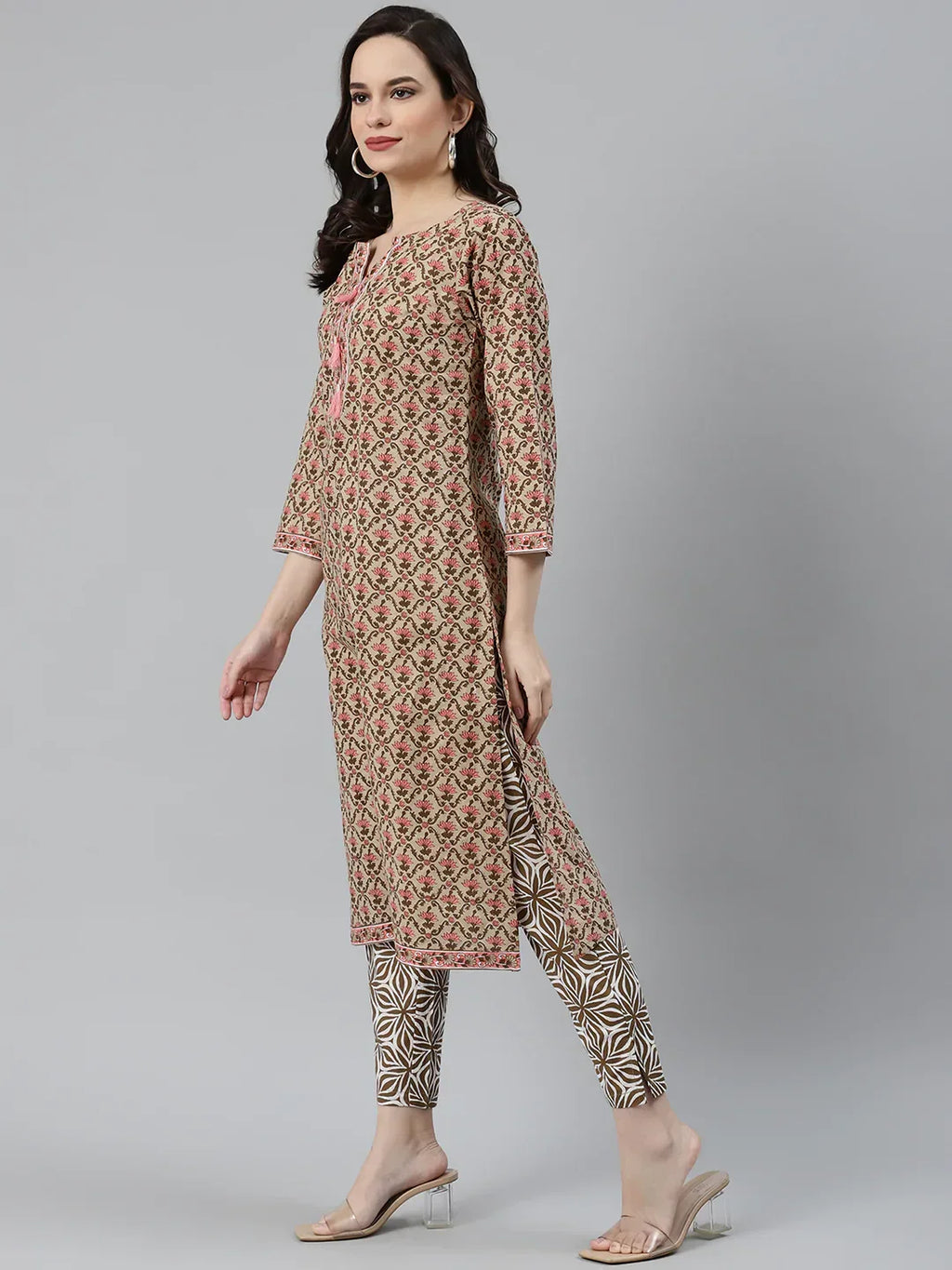Jompers Women's Beige & Pink Block Print Pure Cotton Kurta with Trousers & Dupatta | Grocsy