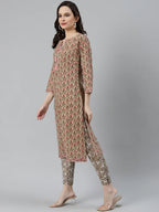 Jompers Women's Beige & Pink Block Print Pure Cotton Kurta with Trousers & Dupatta | Grocsy