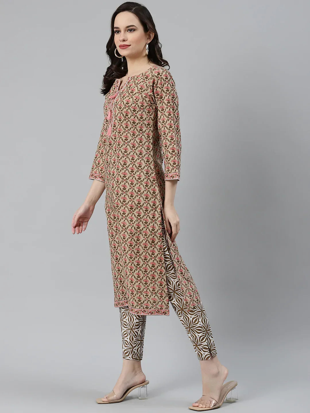 Jompers Women's Beige & Pink Block Print Pure Cotton Kurta with Trousers & Dupatta | Grocsy