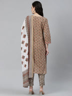 Jompers Women's Beige & Pink Block Print Pure Cotton Kurta with Trousers & Dupatta | Grocsy