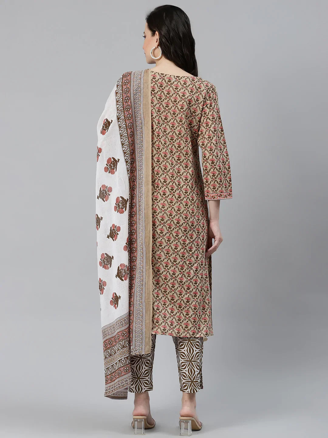 Jompers Women's Beige & Pink Block Print Pure Cotton Kurta with Trousers & Dupatta | Grocsy