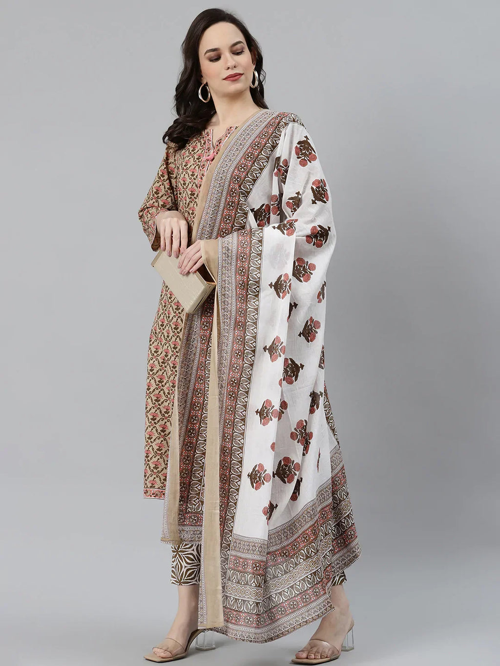 Jompers Women's Beige & Pink Block Print Pure Cotton Kurta with Trousers & Dupatta | Grocsy