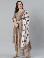 Jompers Women's Beige & Pink Block Print Pure Cotton Kurta with Trousers & Dupatta | Grocsy