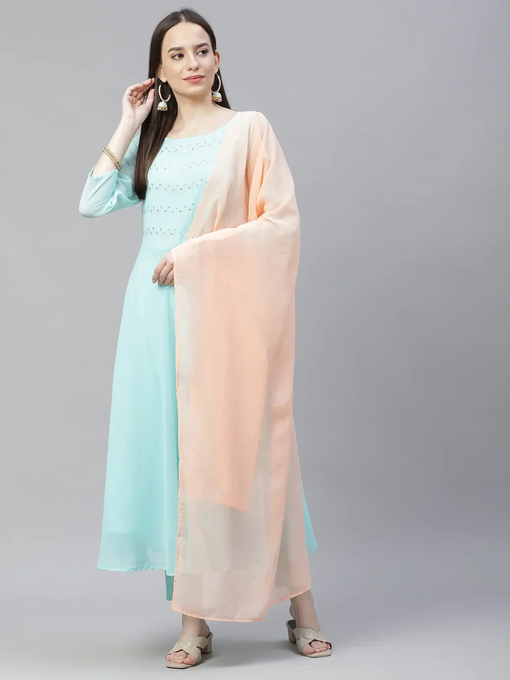 Jompers Women's Turquoise Blue Embroidered Regular Sequinned Kurta with Trousers & Dupatta | Grocsy
