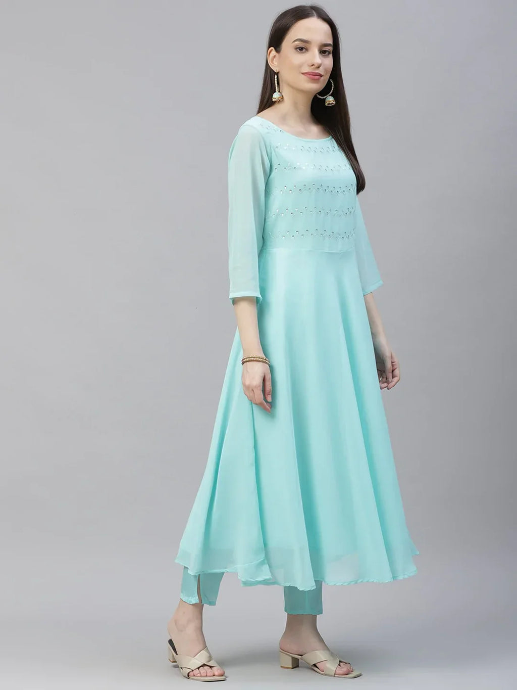 Jompers Women's Turquoise Blue Embroidered Regular Sequinned Kurta with Trousers & Dupatta | Grocsy