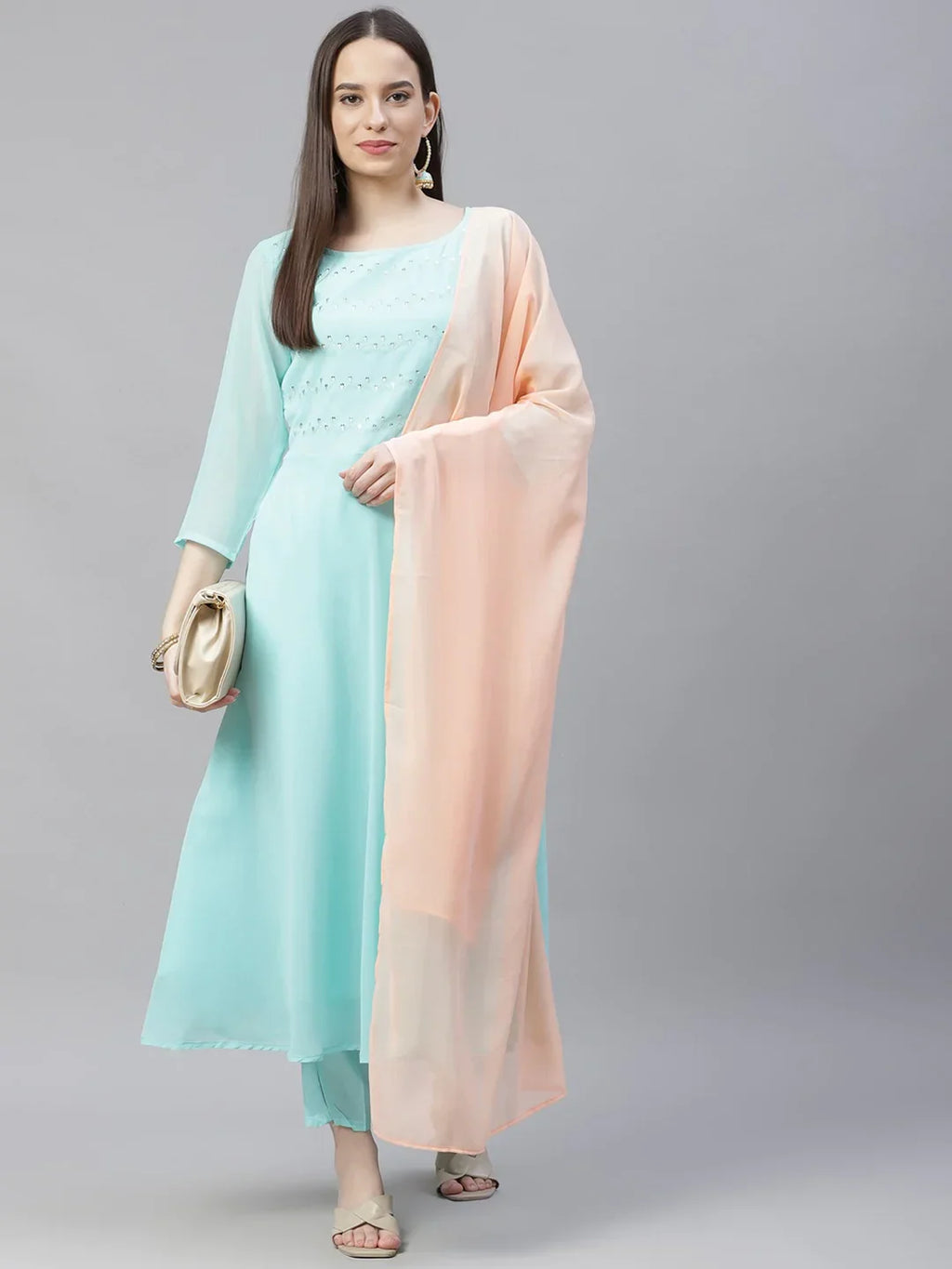 Jompers Women's Turquoise Blue Embroidered Regular Sequinned Kurta with Trousers & Dupatta | Grocsy