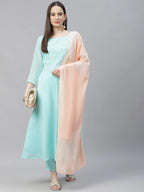 Jompers Women's Turquoise Blue Embroidered Regular Sequinned Kurta with Trousers & Dupatta | Grocsy