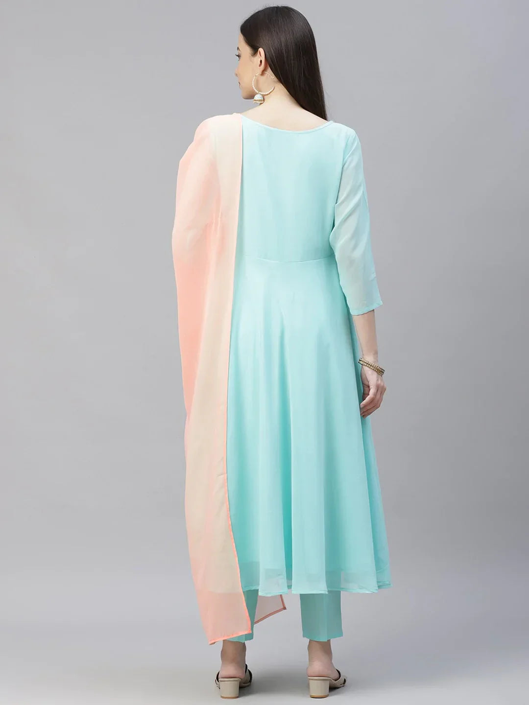 Jompers Women's Turquoise Blue Embroidered Regular Sequinned Kurta with Trousers & Dupatta | Grocsy