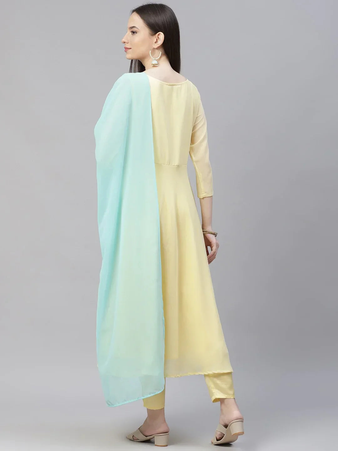 Jompers Women's Yellow Embroidered Regular Sequinned Kurta with Trousers & Dupatta | Grocsy