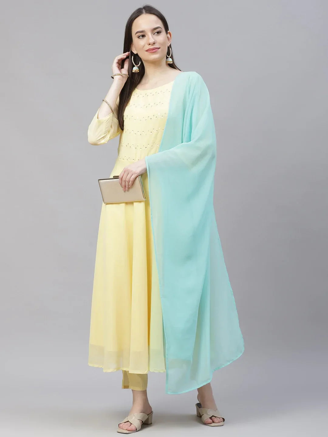 Jompers Women's Yellow Embroidered Regular Sequinned Kurta with Trousers & Dupatta | Grocsy