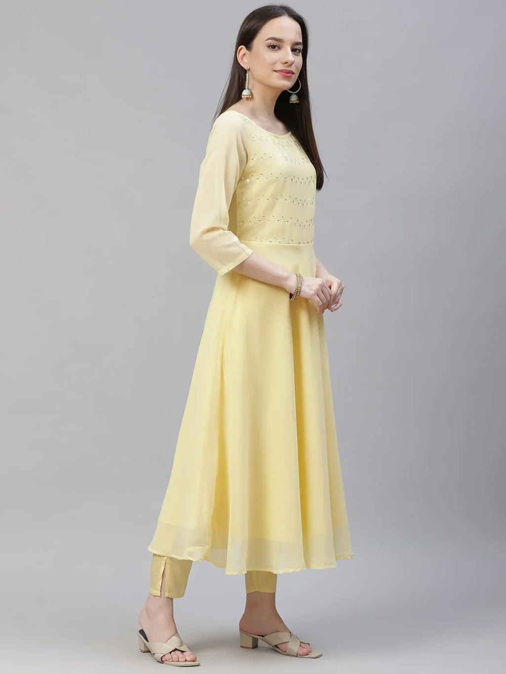 Jompers Women's Yellow Embroidered Regular Sequinned Kurta with Trousers & Dupatta | Grocsy